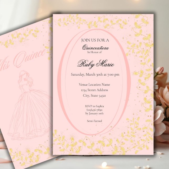 Convite de Quince Anos Rosa e Dourado Chic (Criador carregado)