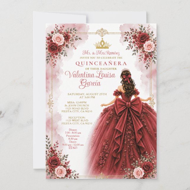 Convite de Quince Anos Rosa Vermelha (Frente)