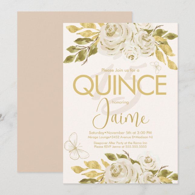Convite de Quince com Florais Rosa Marfim Monogram (Frente/Verso)
