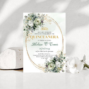 Convite de Quinceañera Aguarela Dourado Verde