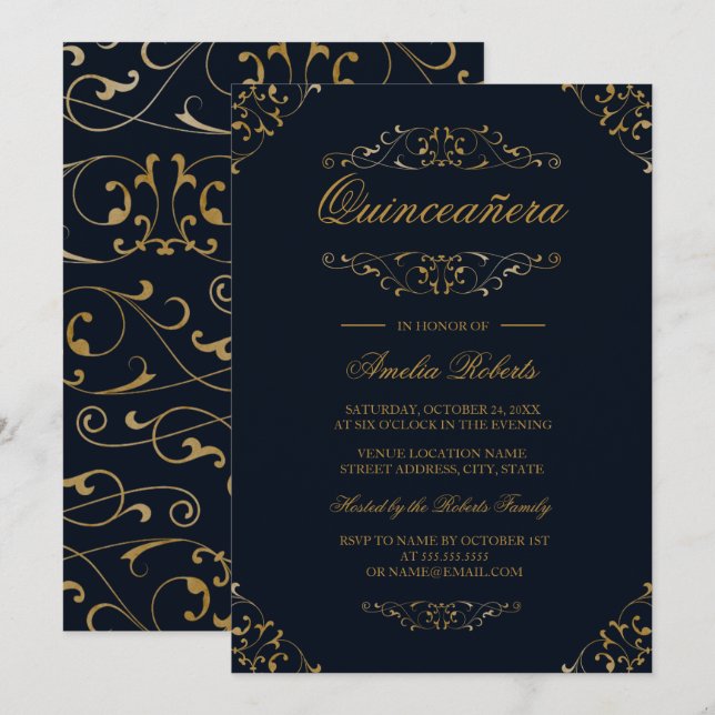 Convite de Quinceanera Antigo Navy Dourado Florido (Frente/Verso)