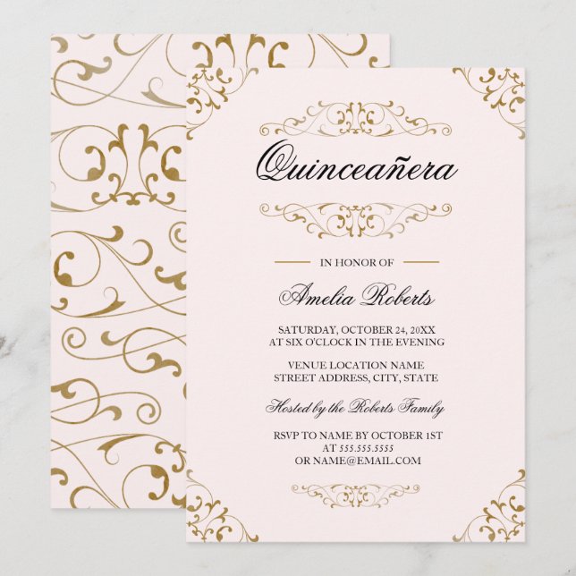 Convite de Quinceanera Antigo Rosa Dourado Florido (Frente/Verso)
