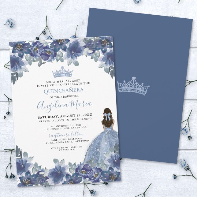 Convite de Quinceanera Azul Clássico e Elegante (Elegant Floral Blue Quinceanera Invitation)