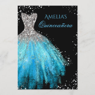 Convite de Quinceanera Azul de Vestido Sparkle
