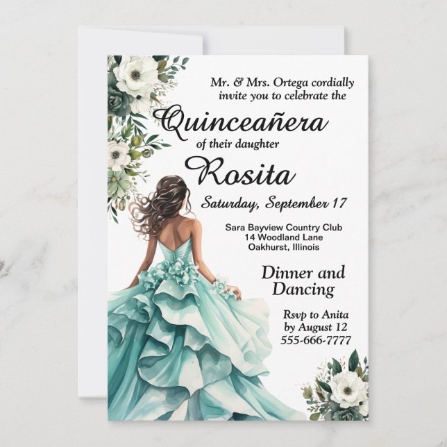 Convite de Quinceanera Azul-espuma do mar (Frente)