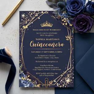 Convite de Quinceanera Azul Marinho e Dourado
