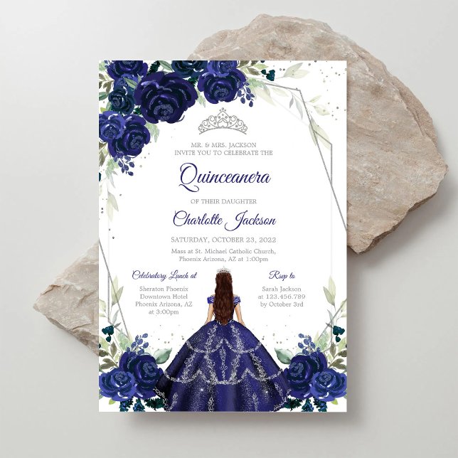 Convite de Quinceanera Azul Marinho Prata (Criador carregado)