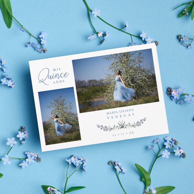 Convite de Quinceañera Azul Moderno Ramos Español  (Criador carregado)