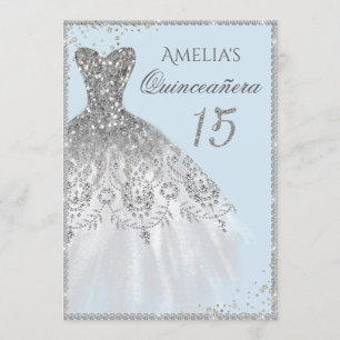 Convite de Quinceanera Azul Prata de Vestido Brilh