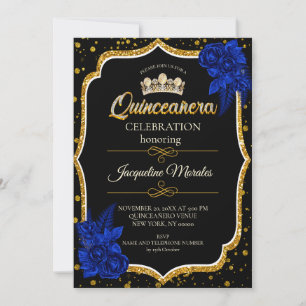Convite de Quinceañera Azul Real Dourado
