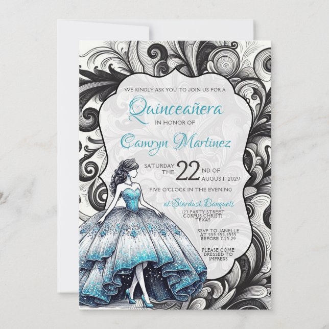 Convite de Quinceañera Azul Turquesa (Frente)