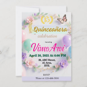 Convite de Quinceañera Balões e Borboletas Pastel 