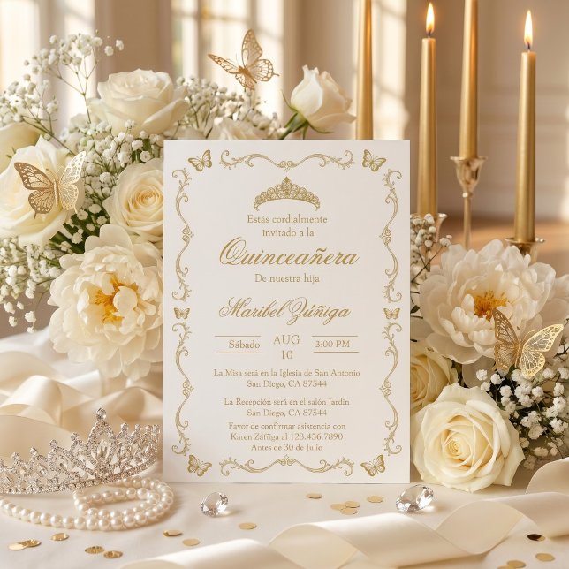 Convite de Quinceanera bege dourado c/ grinalda (Criador carregado)