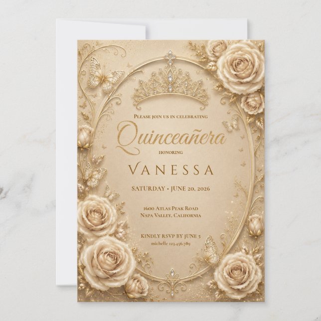 Convite de Quinceanera Bege e Dourado (Frente)