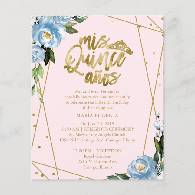 Convite de Quinceanera Bilingue Cor-de-Rosa Azul E (Frente)