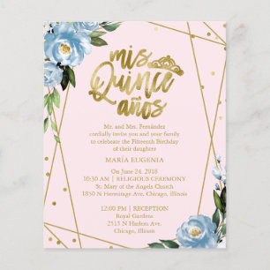 Convite de Quinceanera Bilingue Cor-de-Rosa Azul E