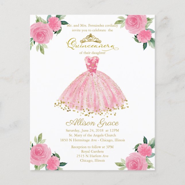 Convite de Quinceanera Bilíngue de Orçamento Rosa  (Frente)