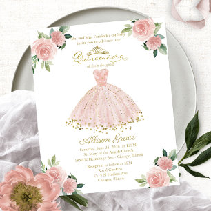 Convite de Quinceanera Bilíngue de Orçamento Rosa 