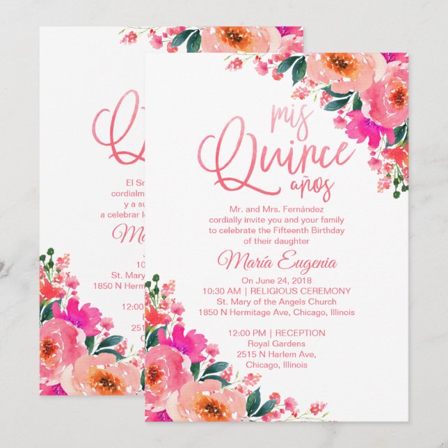 Convite de Quinceanera Bilíngue Floral Rosa Vibran (Frente/Verso)