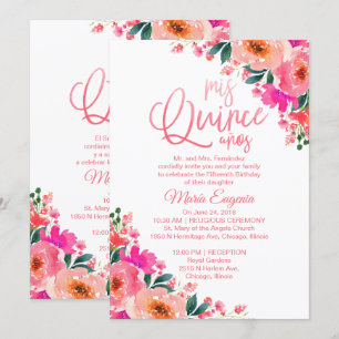 Convite de Quinceanera Bilíngue Floral Rosa Vibran