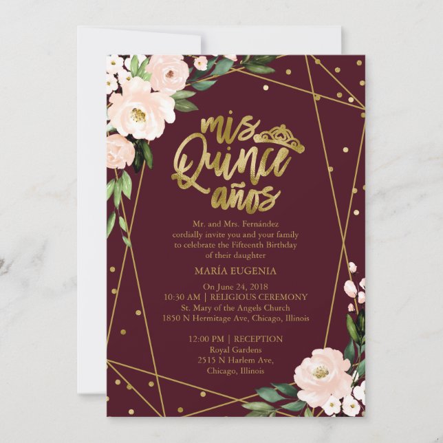 Convite de Quinceanera Bilíngue Rosa Bege Bordô (Frente)