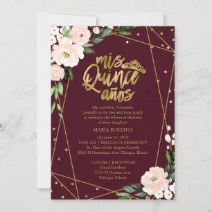 Convite de Quinceanera Bilíngue Rosa Bege Bordô