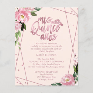 Convite de Quinceanera Bilingue Rosa Bege Econômic