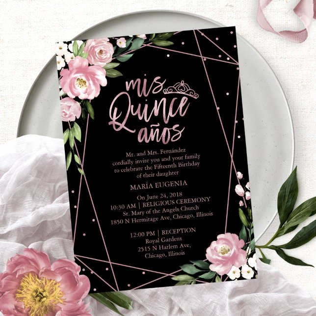 Convite de Quinceanera Bilíngue Rosa Preto (Criador carregado)