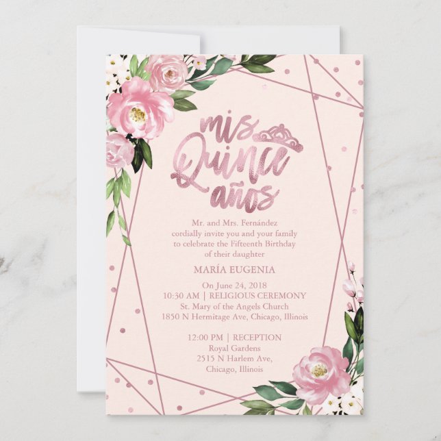 Convite de Quinceanera Bilíngue Rosa Rubor (Frente)