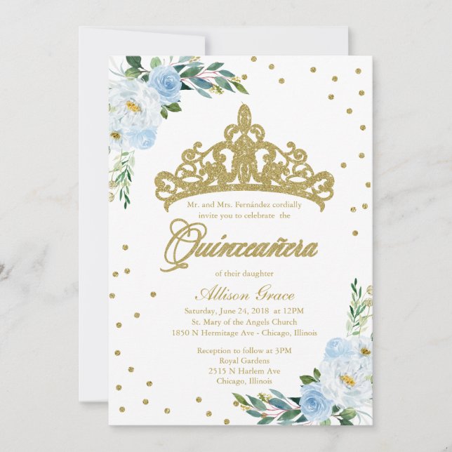 Convite de Quinceanera Bilíngue Tiara Azul Bebê  (Frente)