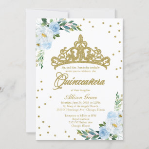 Convite de Quinceanera Bilíngue Tiara Azul Bebê
