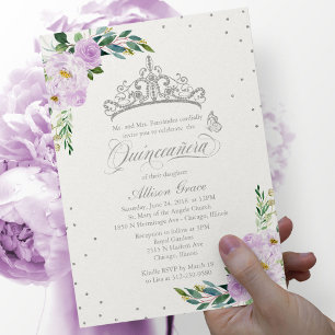 Convite de Quinceanera Bilíngue Tiara Lilás