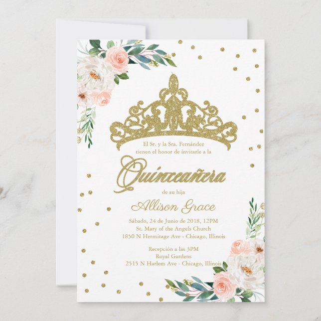 Convite de Quinceanera Bilingue Tiara Rosa (Verso)