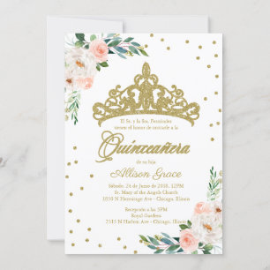 Convite de Quinceanera Bilingue Tiara Rosa