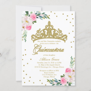 Convite de Quinceanera Bilíngue Tiara Rosa Vibrant