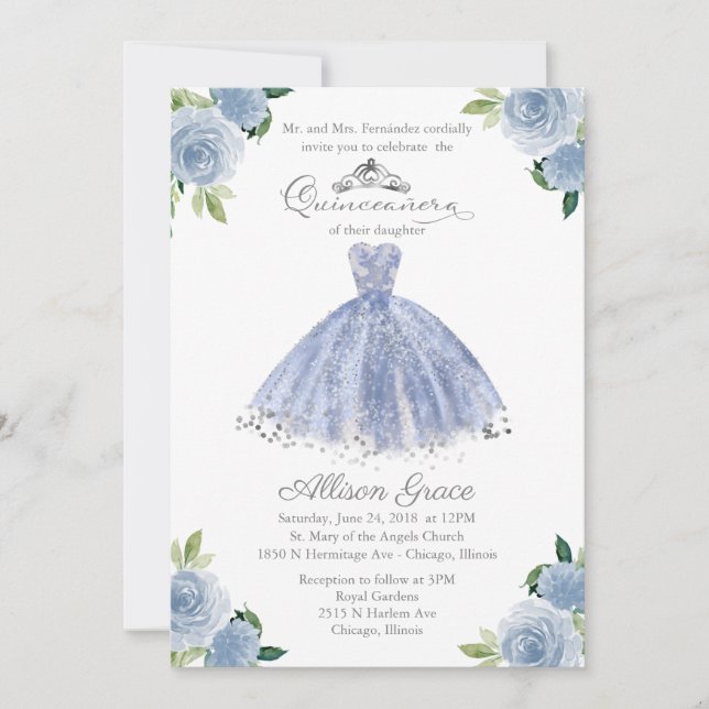 Convite de Quinceanera Bilíngue Vestido Azul Rosad (Frente)