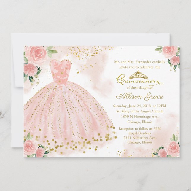 Convite de Quinceanera Bilingue Vestido Rosa Bege (Frente)