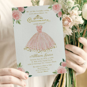 Convite de Quinceanera Bilingue Vestido Rosa Bege