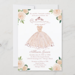 Convite de Quinceanera Bilingue Vestido Rosa Bege