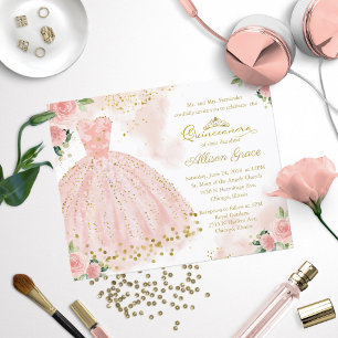 Convite de Quinceanera Bilingue Vestido Rosa Econô