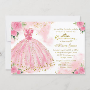 Convite de Quinceanera Bilingue Vestido Rosa Quent
