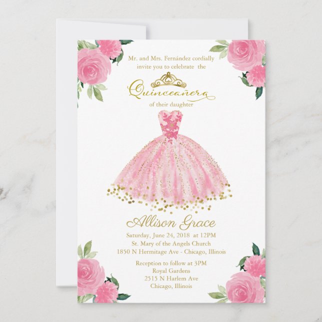 Convite de Quinceanera Bilingue Vestido Rosa Quent (Frente)