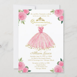 Convite de Quinceanera Bilingue Vestido Rosa Quent
