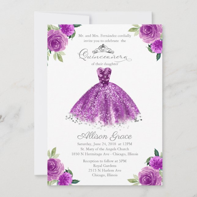 Convite de Quinceanera Bilíngue Vestido Rosa Roxo (Frente)
