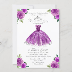 Convite de Quinceanera Bilíngue Vestido Rosa Roxo