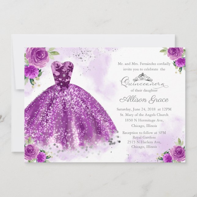 Convite de Quinceanera Bilingue Vestido Roxo (Frente)