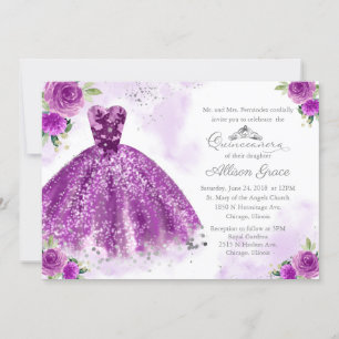 Convite de Quinceanera Bilingue Vestido Roxo