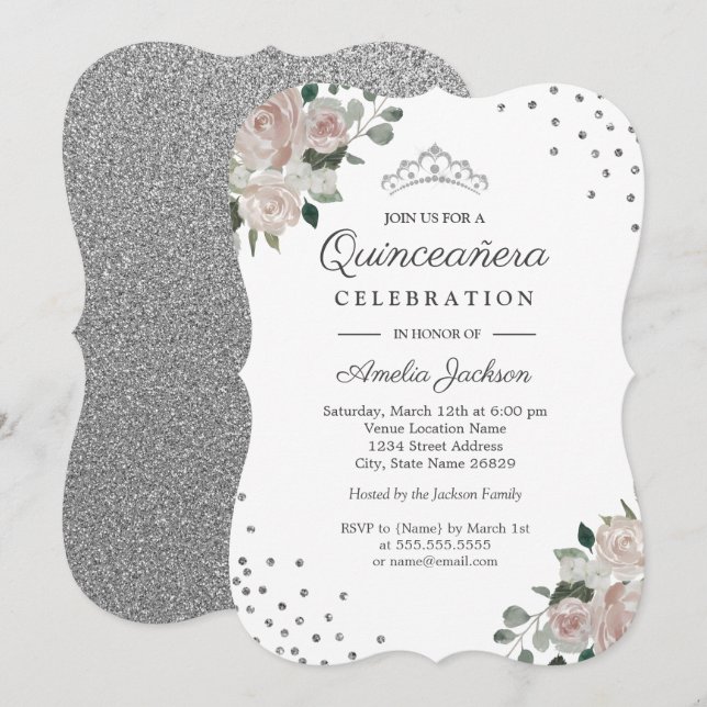 Convite de Quinceanera Blush Silver Floral Confete (Frente/Verso)