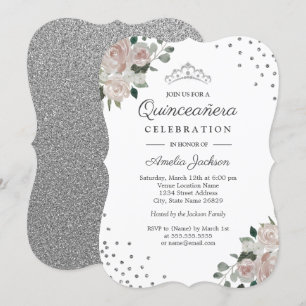 Convite de Quinceanera Blush Silver Floral Confete