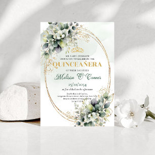 Convite de Quinceañera Boêmio Verde e Dourado